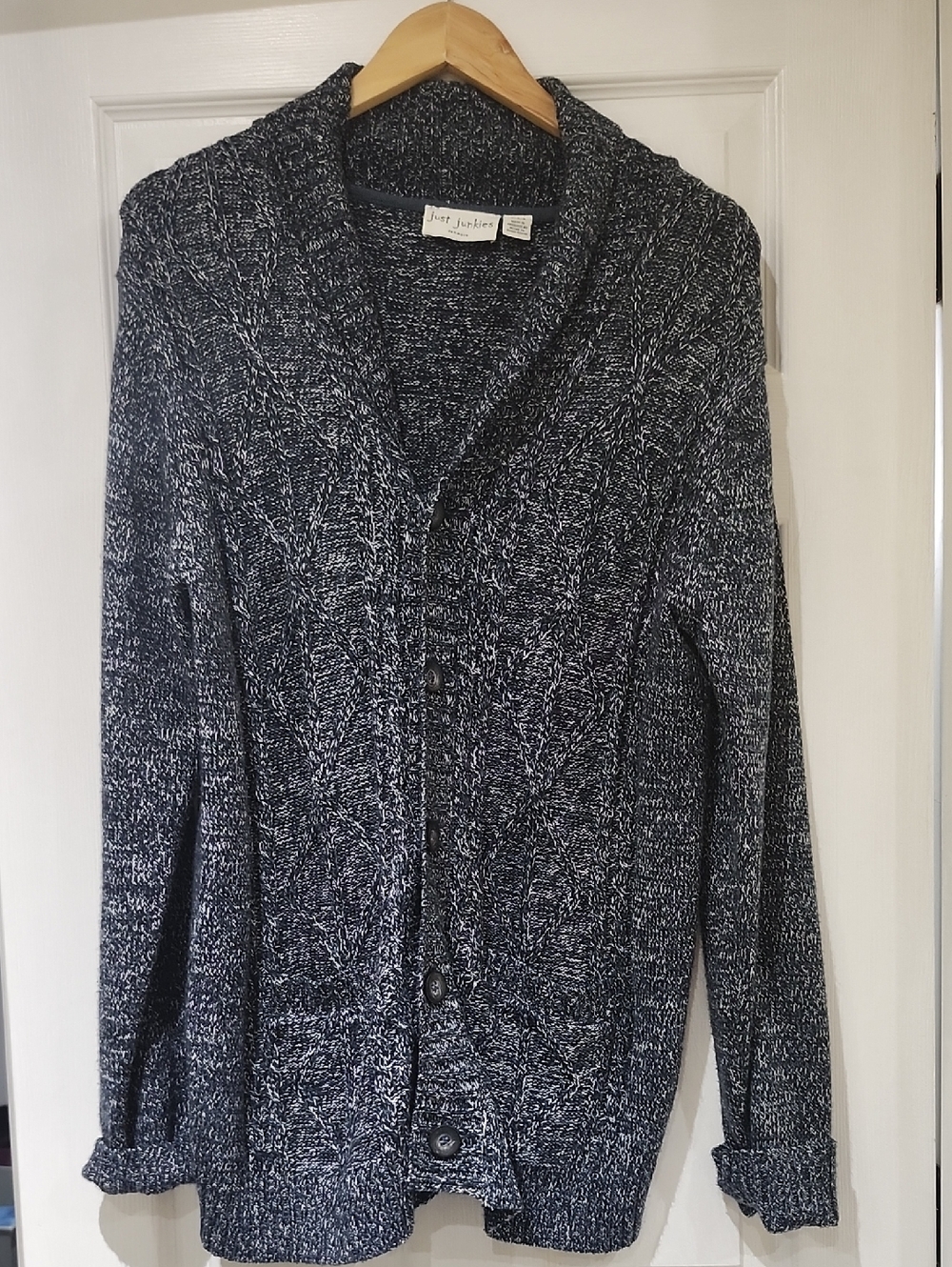 Cozy Shawl-Collar Cardigan Sweater - Navy/White Marled